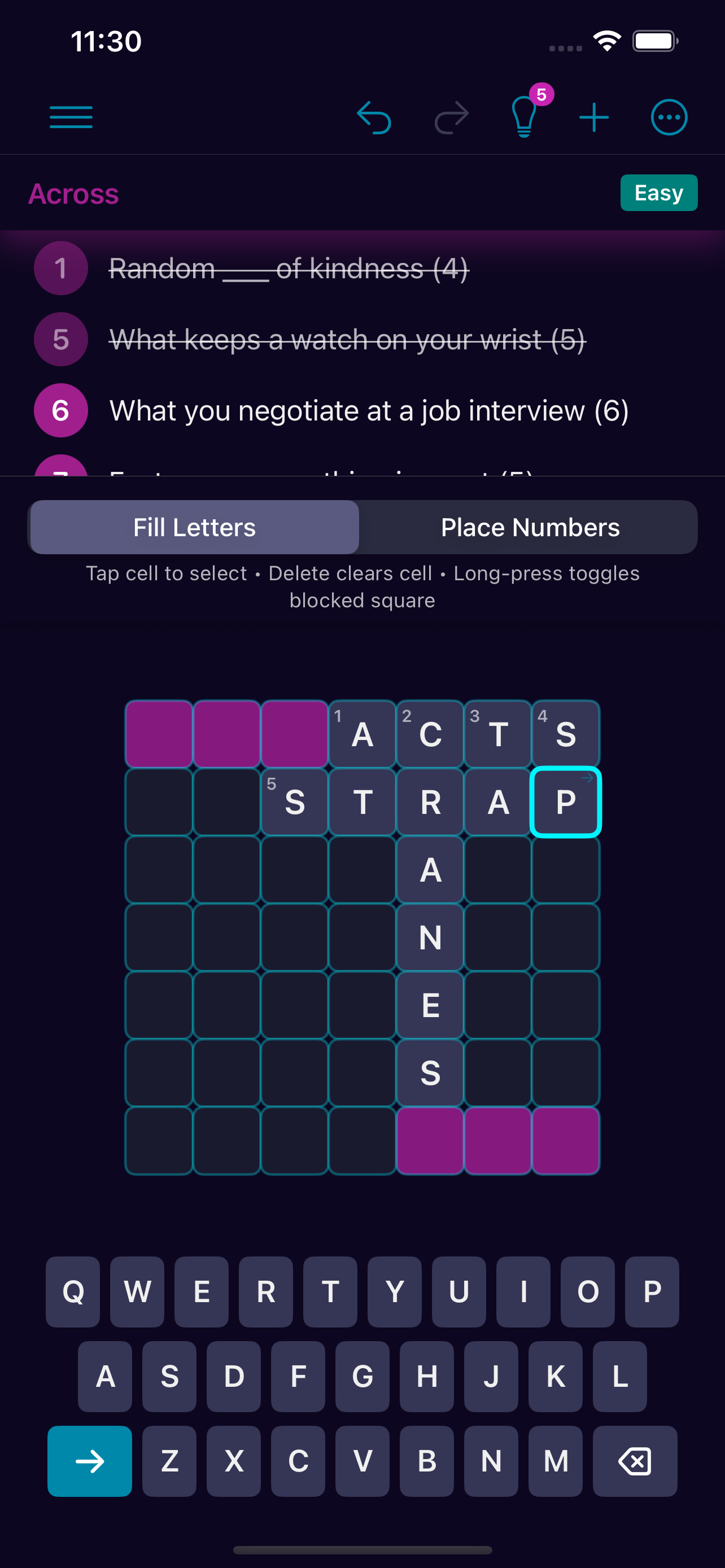 GridSpace dark theme gameplay showing a partially solved diagramless crossword